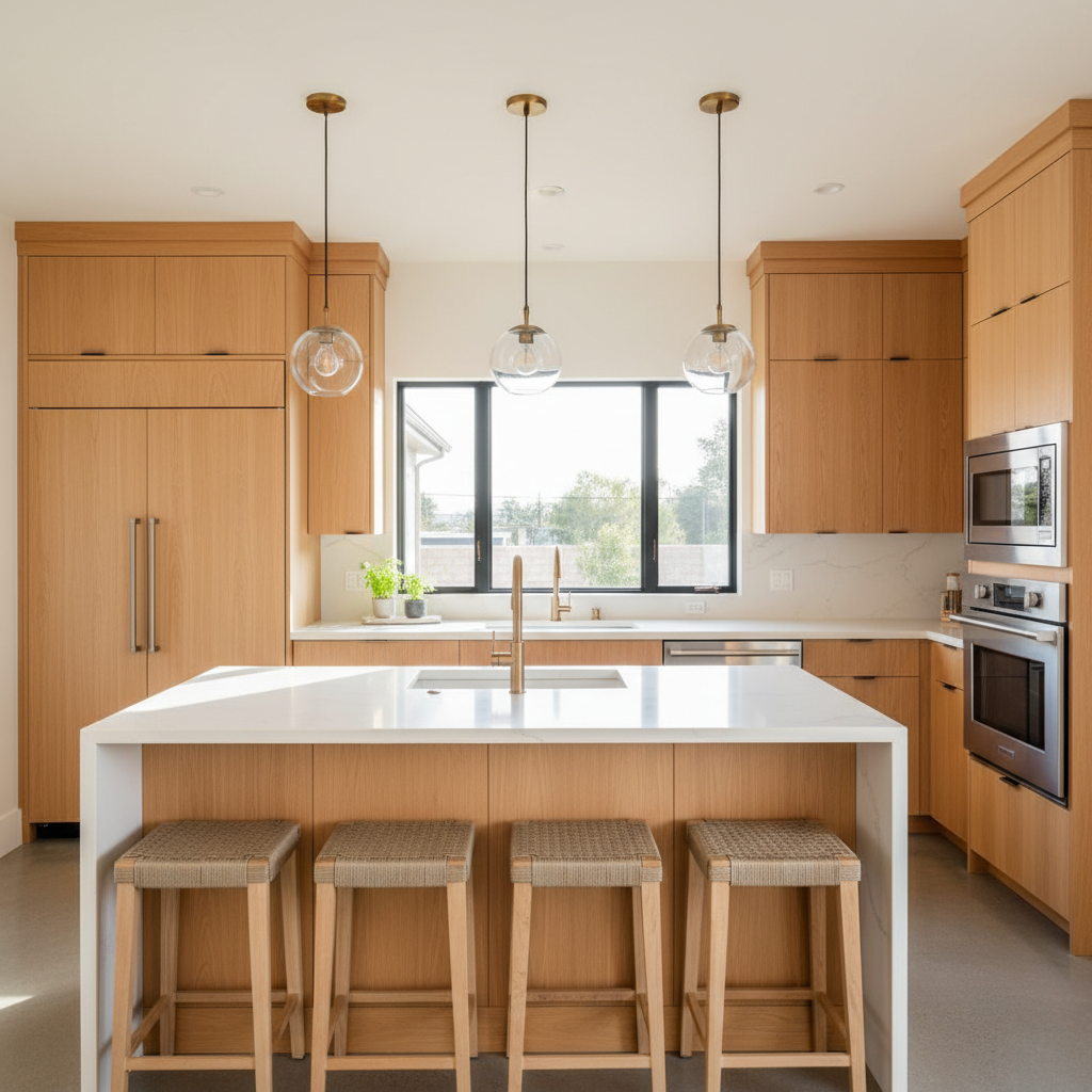 Upscale kitchen with integrated refrigerator and wall oven