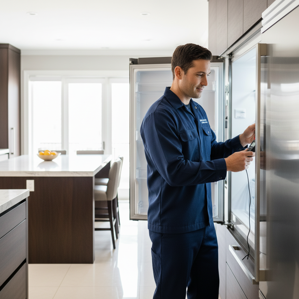 Professional technician inspecting a luxury built-in refrigerator